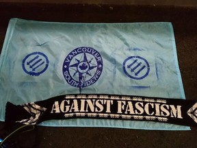 An anti-fascism flag that Vancouver Whitecaps supporter Paul Sabourin-Hertzog tried, and failed, to bring into Portland's Providence Park for the Whitecaps-Portland Timbers Major League Soccer game on Saturday.