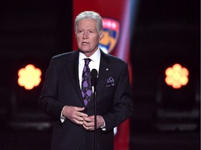 "Jeopardy!" host Alex Trebek presents the Hart Memorial Trophy during the 2019 NHL Awards at the Mandalay Bay Events Center on June 19, 2019 in Las Vegas, Nevada.