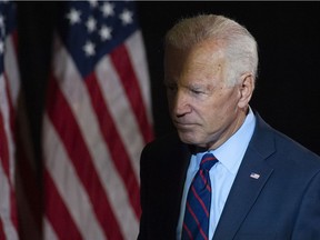 Democratic candidate for president, former Vice President Joe Biden exits after making remarks about the DNI Whistleblower Report as well as President Trumps ongoing abuse of power at the Hotel DuPont on September 24, 2019 in Wilmington, Delaware.