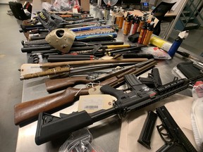 VANCOUVER, B.C.: SEPT. 19, 2019 – Vancouver Police are renewing their concern about safety in Oppenheimer Park after the number of emergency calls increased 87 per cent from June to August 2019 compared to the previous year. This image shows some of the weapons and firearms seized from the area.