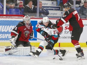 Vancouver Giants goaltender David Tendeck made 14 saves on on Sunday, Sept. 29 in a 4-0 win over the Kelowna Rockets at the Langley Events Centre. Photo: Rik Fedyk, Vancouver Giants [PNG Merlin Archive]