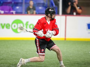 Canada's Curtis Dickson fires a shot against the Iroquois Nationals at the World Indoor Lacrosse Championships at the Langley Events Centre.