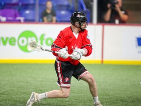 Canada's Curtis Dickson fires a shot on goal against the Iroquois Nationals during their pool match on Monday at the World Indoor Lacrosse Championships at the Langley Events Centre. Dickson scored four goals and added three assists as Canada won 19-12.