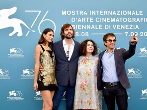 From left, Brazilian actress Laysla De Oliveira, Canadian actor Rossif Sutherland, Lebanese actress Arsinee Khanjian and Canadian director Atom Egoyan pose during the photocall for the film "Guest of Honour", presented in competition on Sept. 3, 2019 during the 76th Venice Film Festival at Venice Lido. The film will open the Vancouver International Film Festival in 2019.