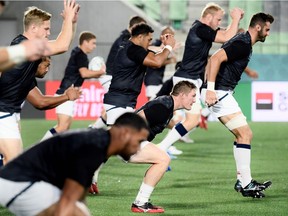 US players at the team's captain's run training session at Kobe Misaki Stadium in Kobe on September 25, 2019, the day before their Japan 2019 Rugby World Cup Pool C match against England.