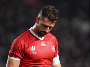 Canada's full back Patrick Parfrey reacts after his side lost to Italy 48-7 in a Japan 2019 Rugby World Cup Pool B match at the Fukuoka Hakatanomori Stadium in Fukuoka on September 26, 2019.