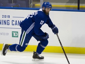 Landon Ferraro works out during a training session at the Vancouver Canucks training camp on Friday at the Save-On-Foods Arena in Victoria.