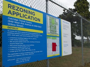 Rezoning application signs at the former Oakridge Transit Centre. While the property awaits rezoning, it is costing the developer $1.48 million this year in the "additional school tax."