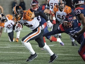 Wide receiver Bryan Burnham of the B.C. Lions breaks away from Montreal Alouettes' defensive back Greg Reid during CFL action in Montreal on Friday night. The Lions lost 21-16 and slipped to 1-10, last in the West Division.