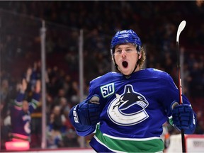 Vancouver Canucks forward Adam Gaudette (88) celebrates his goal against Ottawa Senators goaltender Craig Anderson during the first period at Rogers Arena.