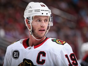 Jonathan Toews of the Chicago Blackhawks awaits a face-off against the Arizona Coyotes at Gila River Arena on March 26, 2019 in Glendale, Arizona. (Christian Petersen/Getty Images)