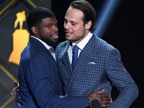 P.K. Subban of the Nashville Predators hugs Auston Matthews of the Toronto Maple Leafs during the 2019 NHL Awards at the Mandalay Bay Events Center on June 19, 2019 in Las Vegas. (Ethan Miller/Getty Images)