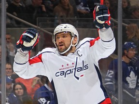 Alex Ovechkin of the Washington Capitals celebrates a goal against the Toronto Maple Leafs at Scotiabank Arena on January 23, 2019 in Toronto. (Claus Andersen/Getty Images)