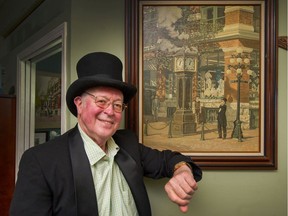 Ray Saunders poses in May beside a painting of Saunders posing beside the Gastown Steam Clock, which he designed and built.