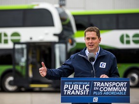 Andrew Scheer, leader of the Conservative Party of Canada, makes an announcement at the GO Transit Streetsville Bus Garage in Mississauga, Ont. on Friday September 13, 2019.