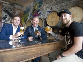 Matt Thomas (left) is a principal with Avison Young, Craig Beere is owner of Beere Brewing, and Darren Hollett is founder of House of Funk Brewing.