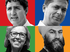 Clockwise: Liberal Leader Justin Trudeau, Conservative Leader Andrew Scheer, NDP Leader Jagmeet Singh and Green party Leader Elizabeth May in a Postmedia News illustration.
