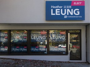 On the morning of Oct. 9, the windows of Heather Leung's campaign office on Hastings St. remained plastered with signs bearing Leung's name and the Conservative logo.