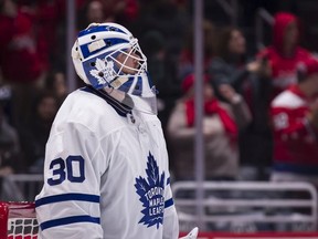 Michael Hutchinson of the Toronto Maple Leafs looks on during the second period against the Washington Capitals at Capital One Arena on October 16, 2019 in Washington, DC.