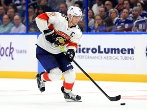TAMPA, FLORIDA - OCTOBER 03: Aleksander Barkov #16 of the Florida Panthers carries the puck during the home opener against the Tampa Bay Lightning at Amalie Arena on October 03, 2019 in Tampa, Florida.