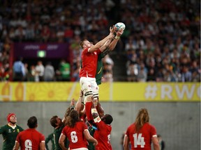 Matt Heaton of Canada competes for a lineout during the Rugby World Cup 2019 Group B game between South Africa and Canada at Kobe Misaki Stadium on October 08, 2019 in Kobe, Hyogo, Japan.