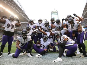 SEATTLE, WASHINGTON - OCTOBER 20: The Baltimore Ravens celebrate a 44 yard fumble recovery touchdown by Marlon Humphrey #44 of the Baltimore Ravens in the fourth quarter against the Seattle Seahawks at CenturyLink Field on October 20, 2019 in Seattle, Washington.