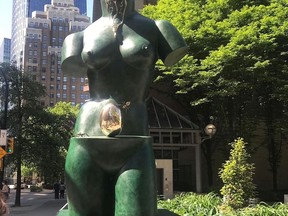 VANCOUVER, British Columbia, June 23, 2019 -- A $2.8-million statue by Salvador Dali, Space Venus, had its golden egg stolen in the early hours Sunday morning. There is no value to the egg alone, according to the Chali-Rosso Gallery, which at great expense had placed the statue at the corner of West Hastings and Hornby. "This is the fifth large-scale sculpture we've brought to Vancouver at considerable expense," the gallery said. "These statues have traveled to major cities all over the world, mostly without incident. It is extremely distressing this would happen here in Vancouver." (Submitted photo) [PNG Merlin Archive]