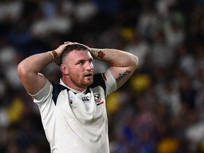 US flanker Tony Lamborn reacts after the Japan 2019 Rugby World Cup Pool C match between France and the United States at the Fukuoka Hakatanomori Stadium in Fukuoka on October 2, 2019.