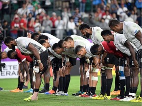Fiji's players bow to the crowd  after the  Japan 2019 Rugby World Cup Pool D match between Wales and Fiji at the Oita Stadium in Oita on October 9, 2019.