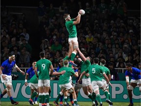 Ireland's lock Iain Henderson catches the ball in a lineout during the Japan 2019 Rugby World Cup Pool A match between Ireland and Samoa at the Fukuoka Hakatanomori Stadium in Fukuoka on October 12, 2019.