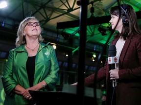Green Leader Elizabeth May reacts while waiting for results from the federal election in Victoria.