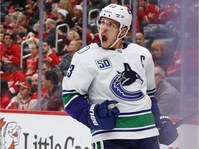 Bo Horvat celebrates one of his three goals Tuesday in Detroit.