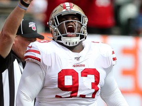 San Francisco 49ers defensive tackle D.J. Jones (93) celebrates a sack at Paul Brown Stadium. (Joe Maiorana-USA TODAY Sports)