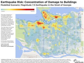 This map is based on a simulated magnitude
7.3 earthquake, located about 30 km west of Vancouver at a depth of 5-10 km.