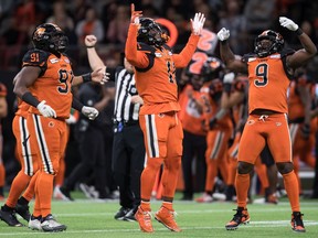 Shawn Lemon (No. 9) was part of a B.C. Lions defensive line with Junior Luke, and Odell Willis in 2019. Lemon is back with B.C this season after signing as a free agent on Sunday.
