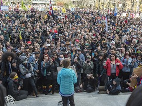 Swedish climate activist Greta Thunberg speaks in front of about 8,000 protesters outside the Alberta Legislature in Edmonton on Oct. 18, 2019.