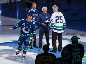 Vancouver Canucks' Bo Horvat (53) skates to the blue line after being named the team's captain during a ceremony before an NHL hockey game against the Los Angeles Kings in Vancouver, on Wednesday October 9, 2019.  ORG XMIT: VCRD204 [PNG Merlin Archive]