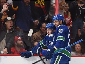 Vancouver Canucks defenceman Troy Stecher celebrates his goal against Detroit Red Wings goaltender Jonathan Bernier (not pictured) with forward Brandon Sutter during the first period.
