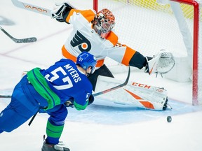 Vancouver Canucks defenseman Tyler Myers shoots the puck at Philadelphia Flyers goaltender Carter Hart during the second period.