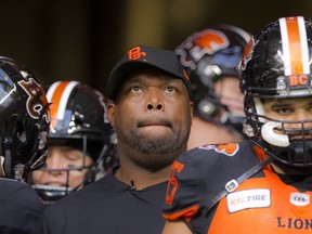 B.C. Lions head coach DeVone Claybrooks prepares to take to the field with his players.