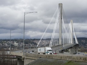 Traffic travels eastbound into Surrey on the Port Mann Bridge in 2016.