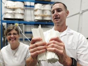 Leslie Beckmann and Dave Giesbrecht with paper straws in Burnaby, BC., September 17, 2019.