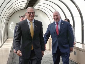 B.C. Premier John Horgan and Washington Jay Inslee before a public appearance together at the 2019 Cascadia Innovation Corridor Conference.