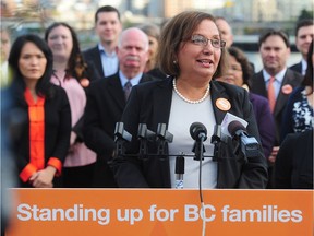 Jinny Sims speaks at a rally as candidates zero in on priorities for B.C. families with the release of Building a Better B.C., an overview of the NDPs commitments to British Columbia, in Vancouver on October 13, 2015.