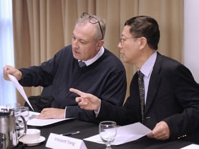 Alan Hill and Vincent Yang at the official launch of the Stop Racism Alliance, consisting of Canadians of various ethnic origins and religious backgrounds, including Chinese, Jewish, Indo-Canadians, First Nations, Japanese, Caucasians, Muslims, and Christians in Vancouver, BC., October 31, 2019. (NICK PROCAYLO/PNG) 00059231A ORG XMIT: 00059231A [PNG Merlin Archive]