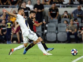 October 24, 2019; Los Angeles, CA, USA; Los Angeles FC forward Diego Rossi (9) scores a goal against the Los Angeles Galaxy during the second half at Banc of California Stadium. Mandatory Credit: Gary A. Vasquez-USA TODAY Sports