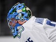 Vancouver Canucks goalie Jacob Markstrom has a smile on his face — once you get past the mask — during an Oct. 30, 2019 NHL game in Los Angeles against the Kings.