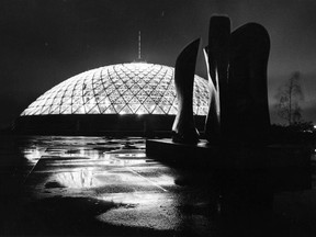 March 22 1974. Like a weird moon on a prehistoric landscape the conservatory on Little Mountain lights up each night to cast magic spell over city. Ken Oakes / Vancouver Sun