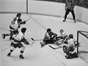 The Vancouver Canucks and Philadelphia Flyers square off on December 29, 1972.