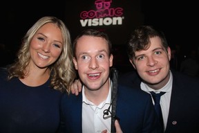 Laughing it up at Fighting Blindness Canada’s Comic Vision were Kendle Rowlands, Paralympian Donovan Tildesley and Connor Jones. Photo: Fred Lee.